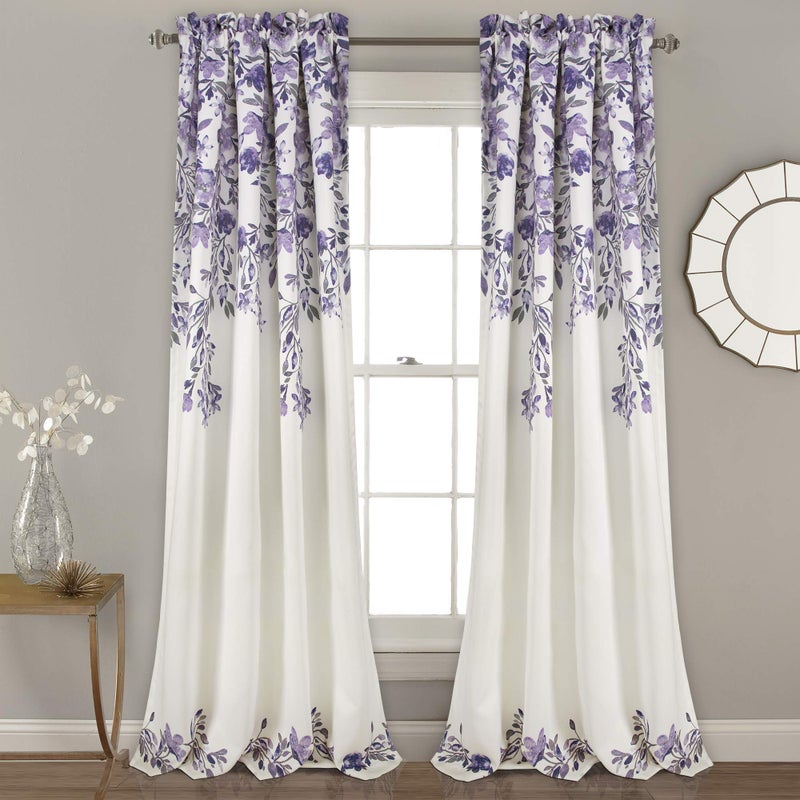 Lush Decor Tanisha Curtains - Light Filtering Window Panel Set, Pair - Floral Vine Print, Beautiful, Modern, Elegant Home Decor - 52" W x 95" L, Purple & Gray - Image 2